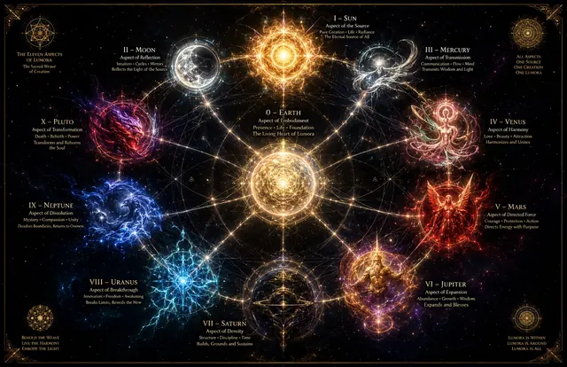 THE ELEVEN ASPECTS — a wheel of the planetary aspects from Sun to Pluto woven in light around the Earth at its centre, each with its office and motto
