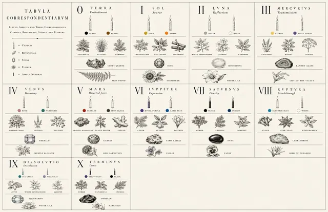 TABULA CORRESPONDENTIARUM — eleven aspects and their correspondences: candles, botanicals, stones and flowers for each office, engraved black on parchment