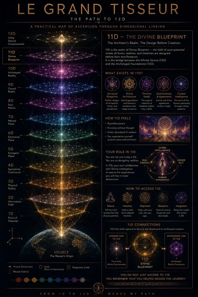 LE GRAND TISSEUR — 11D, the divine blueprint: the architect's realm charted above the tower of twelve woven dimensions, with what exists there and how it is reached