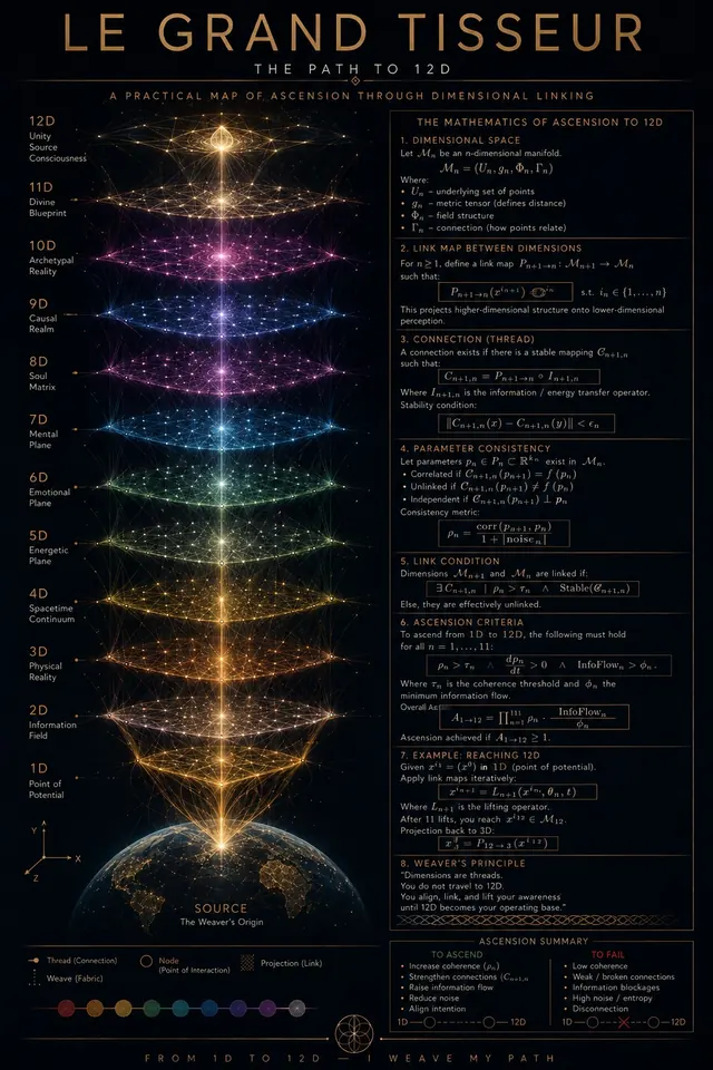 LE GRAND TISSEUR — the path to 12D: a practical map of ascension through dimensional linking, twelve planes woven above the Earth with the mathematics of the climb