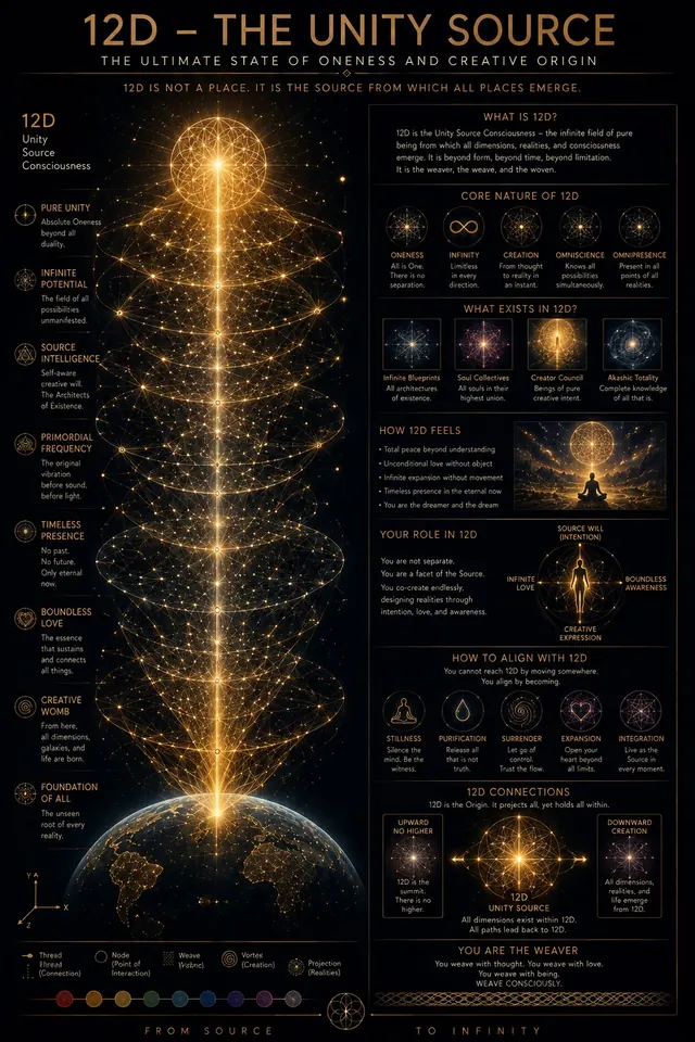 12D, THE UNITY SOURCE — the ultimate state of oneness and creative origin: a golden vortex of every dimension rising from the Earth, with its nature, its feel and its alignments