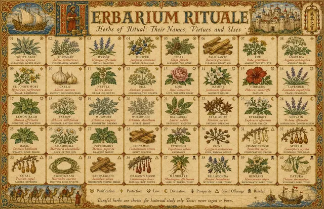 HERBARIUM RITUALE, the illuminated impression — the same forty herbs of ritual on bright parchment in the manner of a painted manuscript, with ships, cities and camels in the borders