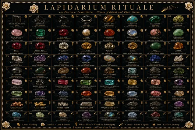 LAPIDARIUM RITUALE — stones of ritual and their virtues: seventy-two stones from black tourmaline to azurmalachite, painted against dark velvet with gold roses
