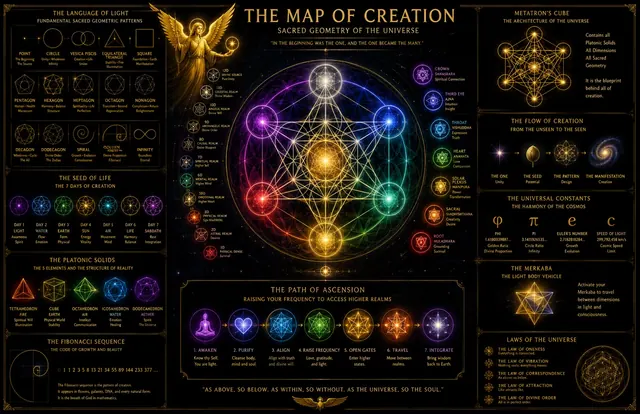 THE MAP OF CREATION — sacred geometry of the universe: the seed of life, the platonic solids, Metatron's cube, the Fibonacci sequence and the path of ascension through the realms