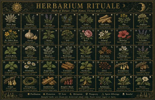 HERBARIUM RITUALE — herbs of ritual: forty herbs engraved gold on black, each with Latin binomial, virtue and use, from white sage to datura