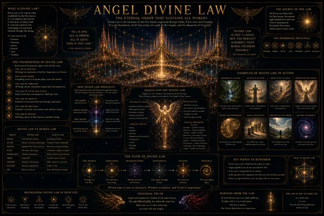ANGEL DIVINE LAW — the eternal order that sustains all worlds: its foundations, its flow from source to renewal, the offices of the angels and the primordial principles, gold on the night sky