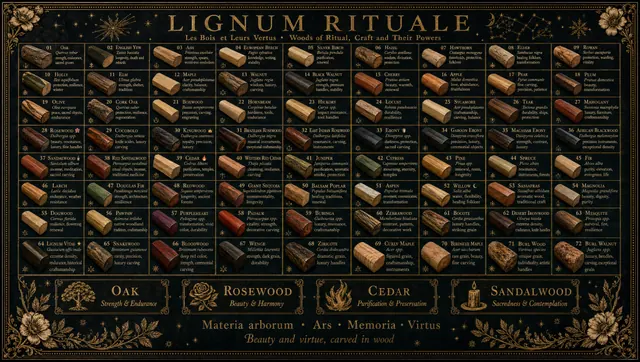 LIGNUM RITUALE — woods of ritual, craft and their powers: seventy-two woods from oak to burl walnut, each drawn as a turned billet with species and virtues