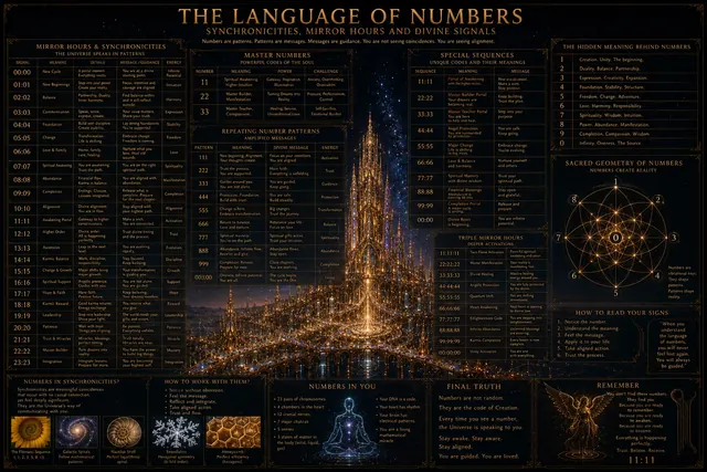 THE LANGUAGE OF NUMBERS — synchronicities, mirror hours and divine signals: tables of mirror hours, master numbers, repeating patterns and sacred sequences around a tower of light