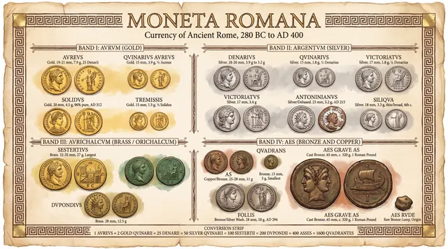 MONETA ROMANA — currency of ancient Rome, 280 BC to AD 400: gold, silver, orichalcum and bronze from the aureus to the aes rude, with weights, sizes and the conversion strip