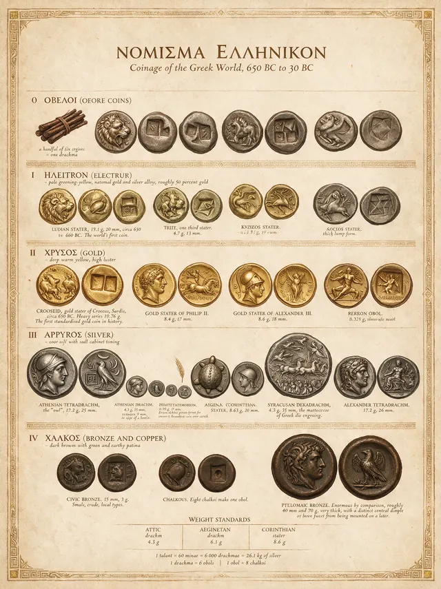 NOMISMA HELLENIKON — coinage of the Greek world, 650 BC to 30 BC: obols, electrum, gold staters, silver tetradrachms and bronze, from the Lydian stater to the Ptolemaic bronze