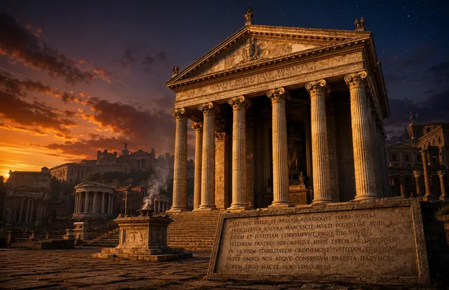 TEMPLUM SATURNI — the temple of Saturn at dusk, smoke rising from the altar, a votive prayer to Saturnus Pater carved in the stone of the foreground
