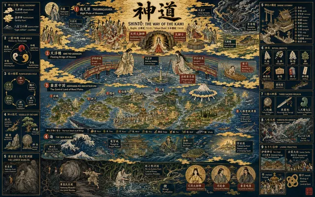 SHINTŌ, THE WAY OF THE KAMI — a painted cosmology from the high plain of heaven down through the floating bridge, the central land of reed plains, the sea realm and the lower worlds